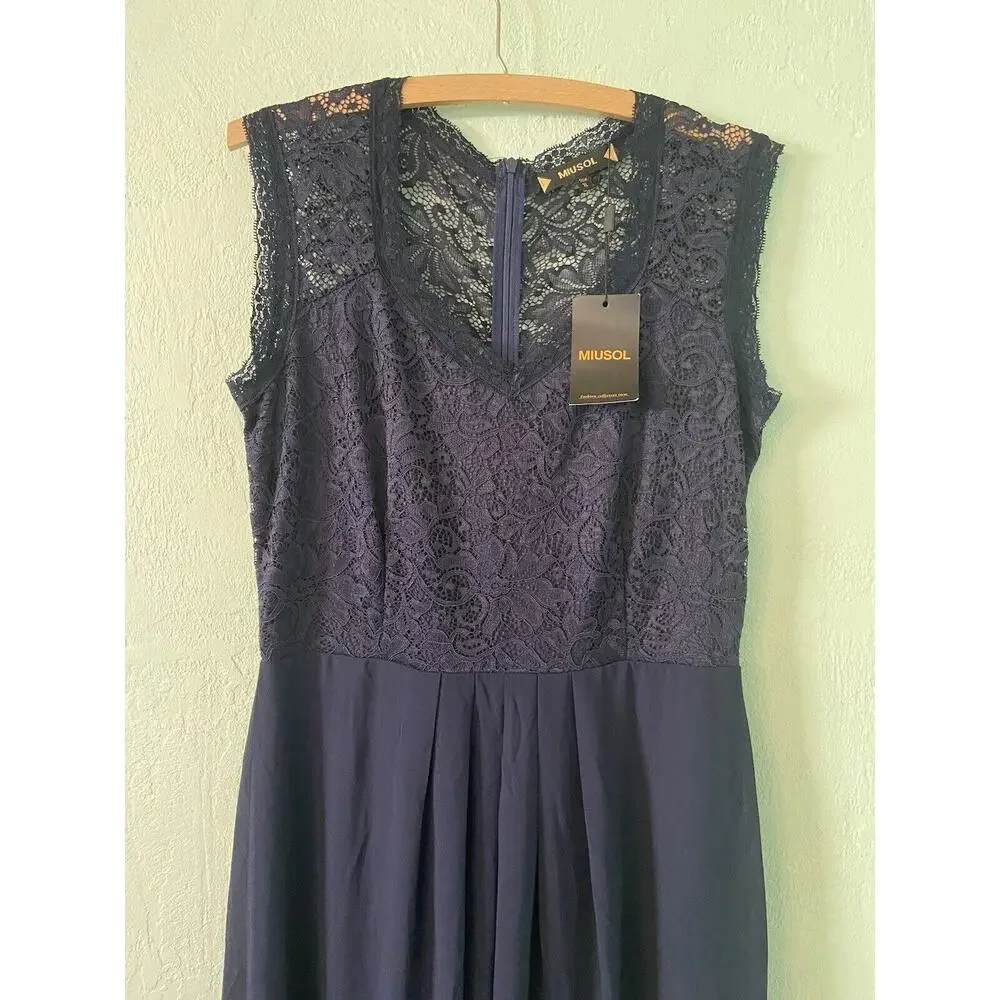 Miusol Women's Casual Deep- V Neck Sleeveless Vintage Wedding Maxi Dress XL Navy - Picture 8 of 9